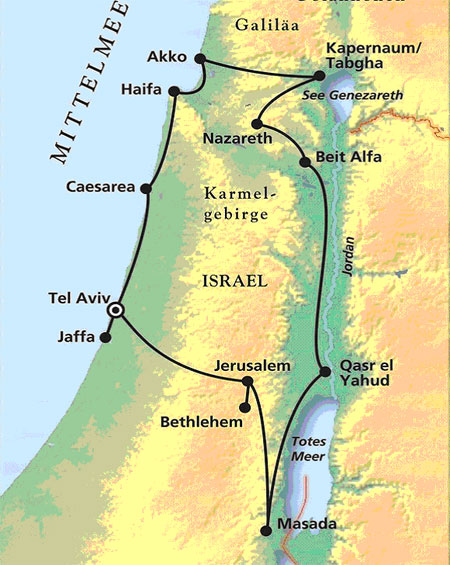 Landkarte mit eingezeichneter Reiseroute, Tel Aviv Jaffa Masada See Genezareth Akko und zurck