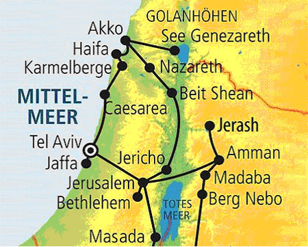 Landkarte mit Reiseroute Israel und Jordanien