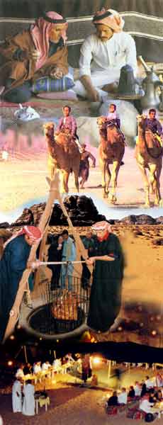 Beduinen trinken Kaffee im Zelt, Kamelreiter und Beduinen bei der Zureitung von Essen über dem offenen Feuer