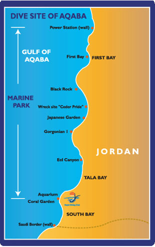 Landkarte der Tauchgründe vor Jordanien von First Bay bis Tala Bay